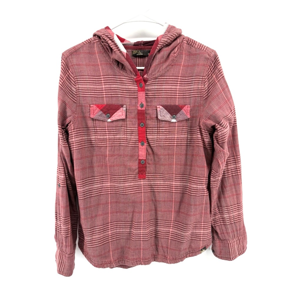 Prana Anja Hooded Red Flannel Cotton Pockets Outdoor Athleisure Hiking Women S